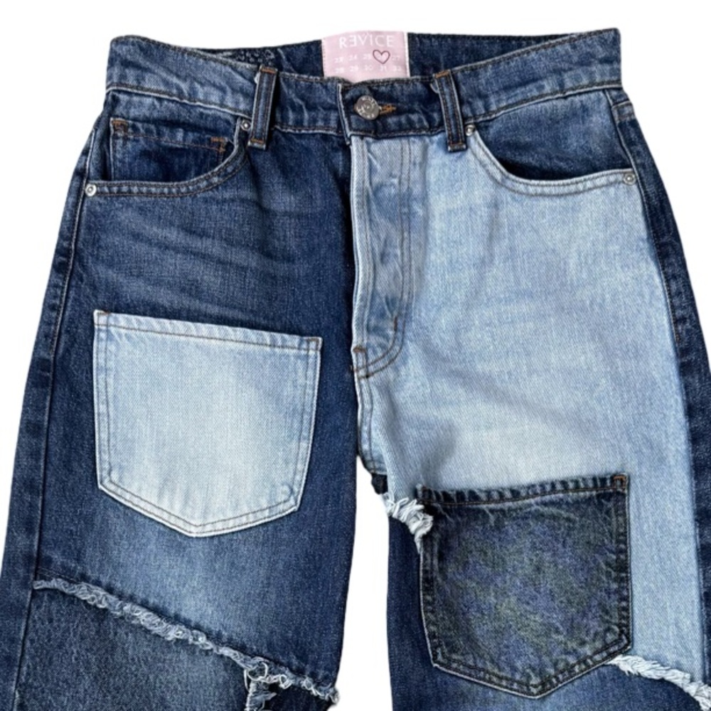 REVICE Matchmaker Love at
First Sight Blue Jeans Patchwork Crop Button Fly EUC - Picture 3 of 14
